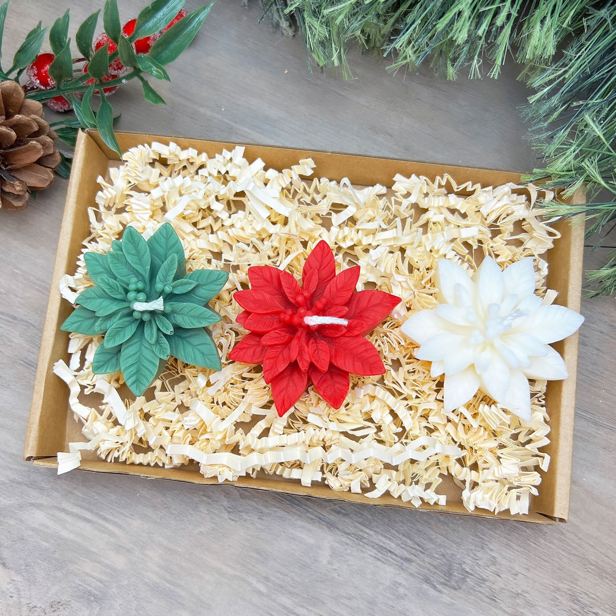 Set regalo candele natalizie - Candeline natalizie con stella di Natale - Candela floreale