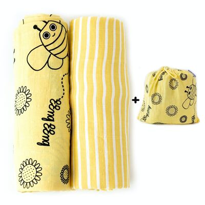 Milk&Moo Juego de 2 mantas envolventes de muselina para bebé Buzzy Bee