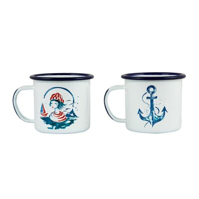 Anemoss Juego de 2 tazas esmaltadas Sailor Girl and Anchor, taza de camping esmaltada, taza de café esmaltada