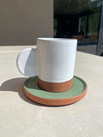 Mug avec anse et soucoupe en céramique, artisanal de couleurs blanc, vert, 3