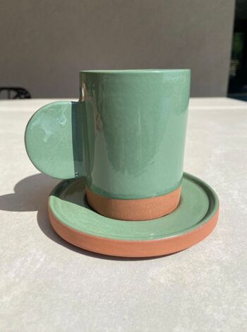 Mug avec anse et soucoupe en céramique, artisanal de couleurs blanc, vert, 5