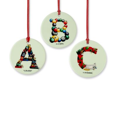 Décorations d'arbre en céramique de l'alphabet de Noël - Ruban rouge et blanc