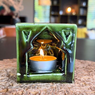 Moroccan artisanal tealight holder, eco-responsible, ceramic, green and brown