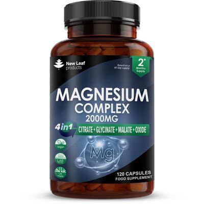 Complejo de magnesio - 120 cápsulas de magnesio de alta resistencia, suplementos de citrato, bisglicinato, malato y óxido - Suplementos de magnesio 4 en 1 2000 mg