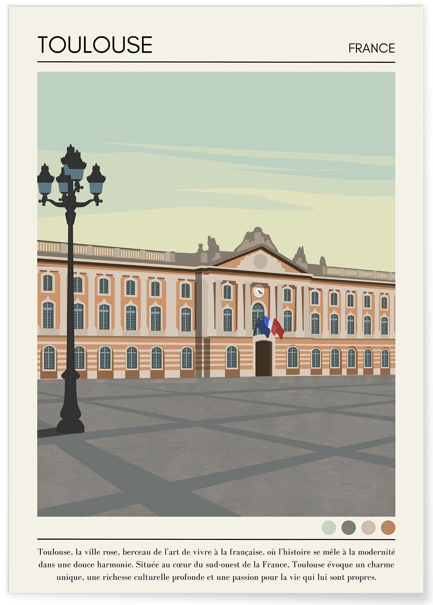 Cartel de ilustración vintage de la ciudad de Toulouse