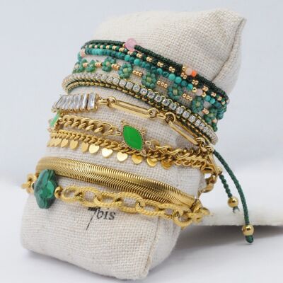 Kit of 10 Golden Steel Bracelets with Green Chain Christmas Promotion