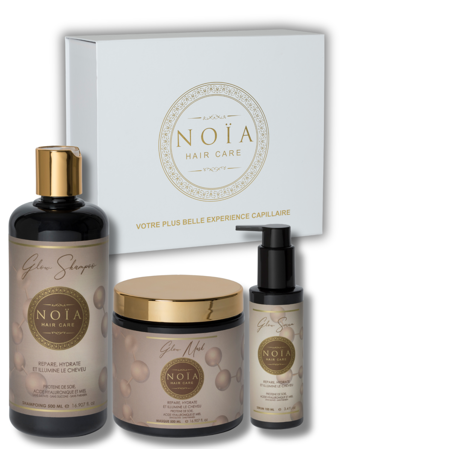 NOÏA Hair Glow Set – Hydrating & Shine Routine – Shampoo, Mask & Serum