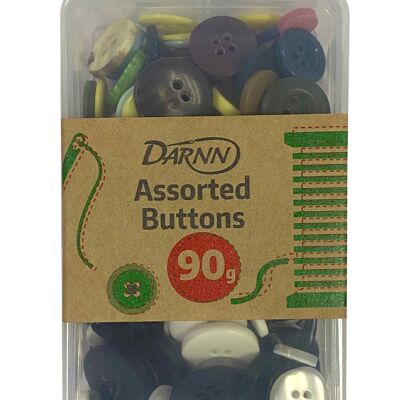 ASSORTED BUTTONS Pack 90g, boutons de tailles assorties pour la couture, boutons multicolores pour l'artisanat, boutons à quatre yeux pour la couture, boutons avec boîte de rangement