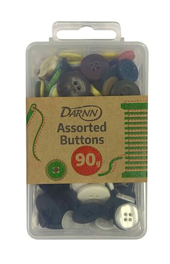ASSORTED BUTTONS Pack 90g, boutons de tailles assorties pour la couture, boutons multicolores pour l'artisanat, boutons à quatre yeux pour la couture, boutons avec boîte de rangement 1
