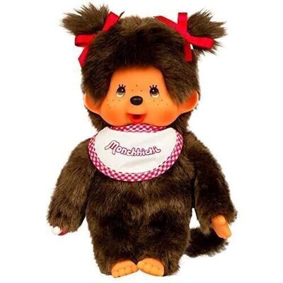 Bandai - Monchhichi - Plüschtier - Mädchen mit rosa-weißem Lätzchen 20 cm - Ref: 25555