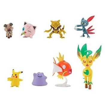 Bandai - Pokémon - 8 Figurines Battle - Pikachu, Rondoudou (Jigglypuff), Rocabot (Rockruff), Abra, Farfuret (Sneasel), Métamorph (Ditto), Phyllali (Leafeon) et Magicarpe (Magikarp) - Réf : JW2686 2