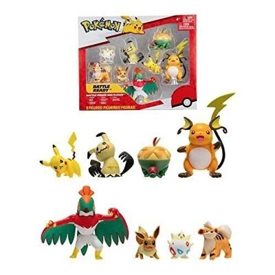Bandai - Pokémon - 8 Figurines Battle - Pikachu, Evoli (Eevee), Dratatin (Appletun), Togepi, Caninos (Growlithe), Mimiqui (Mimikyu), Raichu et Brutalibré (Hawlucha) - Réf : JW2687