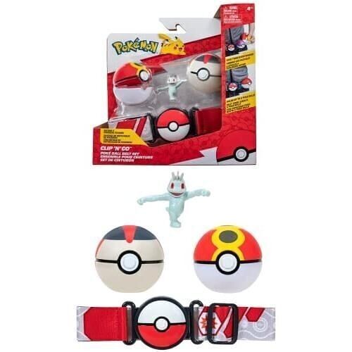 Bandai - Pokémon - Ceinture Clip 'N' Go - 1 ceinture, 1 Repeat Ball, 1 Timer Ball et 1 figurine 5 cm Machoc - Accessoire pour se déguiser en Dresseur Pokémon - Réf : JW2717