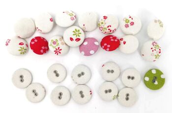 FABRIC CRAFT BUTTONS Pack 26, boutons en tissu assortis avec boîte de rangement, boutons recouverts de tissu à motifs, boutons ronds en tissu pour la couture, boutons à motifs assortis pour l'artisanat 2