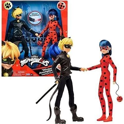 Bandai - Miraculous Ladybug - Pack de 2 Muñecas - Ladybug y Cat Noir - Dos muñecos de moda articulados de 26 cm y complementos - Ref: P50365