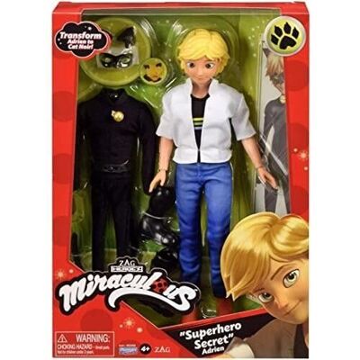 Bandai – Miraculous Ladybug – Puppe – Cat Noir und Adrien – 26 cm bewegliche Schaufensterpuppe und ihre 2 Outfits – Superheldenpuppe – Ref: P50356