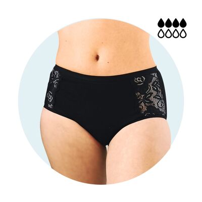 Culotte absorbante – Taille haute – Fuites urinaires moyenne/forte – Taille du 34 au 54 – 
 Noire dentelle