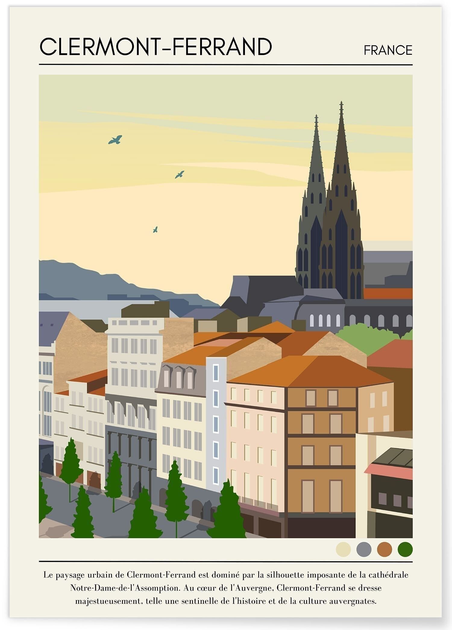 Poster vintage con illustrazione della città di Clermont-Ferrand
