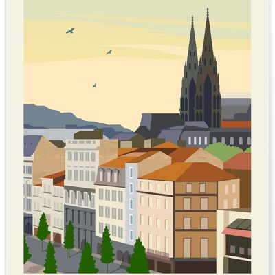 Poster vintage con illustrazione della città di Clermont-Ferrand