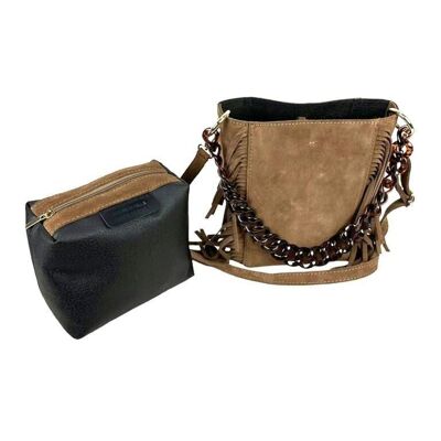 Split Leather Handbag with Fringes + Pouch. Promo