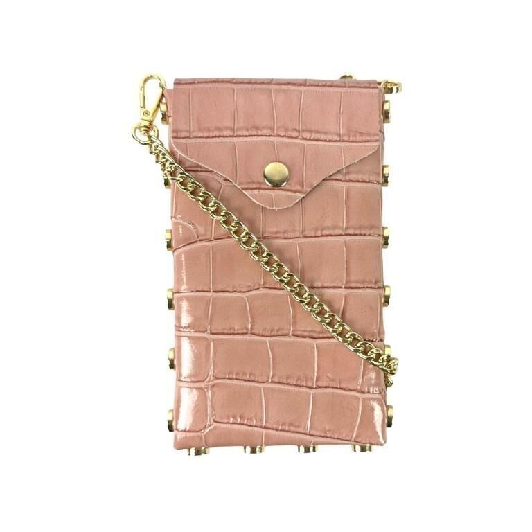 Handyhalter aus Leder mit dekorativen Nieten und Knöpfen