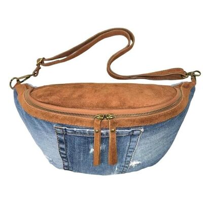 Suede Leather and 100% Recycled Denim Waist Bag. Soon Fashion