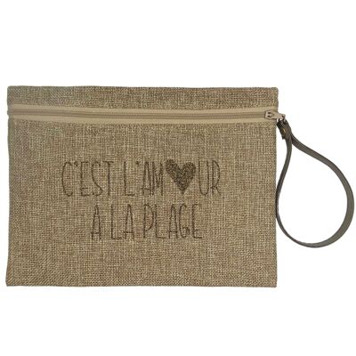 L pouch, “It’s love at the beach” shimmering jute