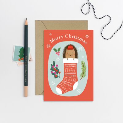 Cartolina di Natale con calza del riccio | Biglietto di auguri