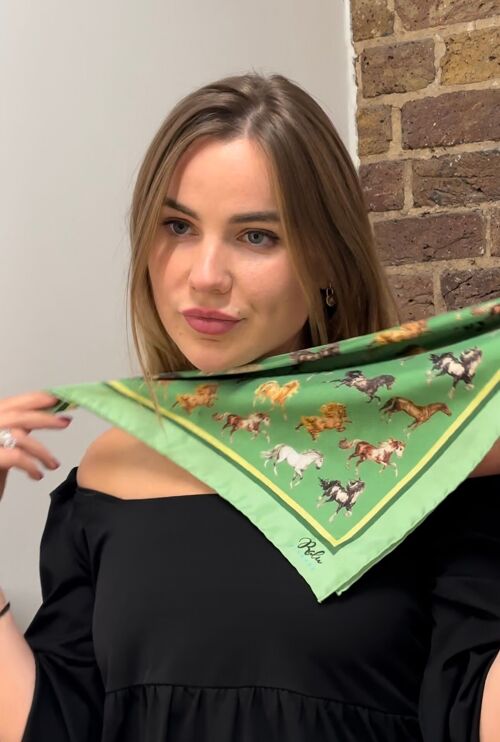 Silk Neckerchief Majestic Horses Green