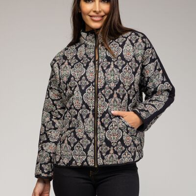 MEDIUM LENGTH PRINTED COTTON JACKET WITH SIDE BAND 100% COTTON PR1061CH_BLACKINDIA