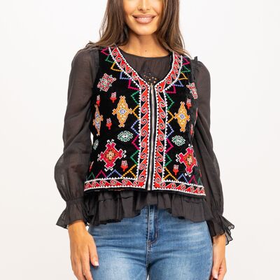 VELVET VEST WITH ETHNIC EMBROIDERY AND 100% VISCOSE PRINTED LINING IC1149CHL_BLACK