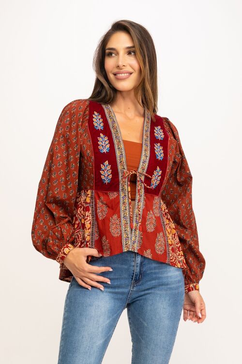 BLUSA ALGODÓN Y TERCIOPELO ABIERTA CON BORDADOS ARTESANALES Y ESTAMPADOS VARIOS 95%ALGODON 5%NILON IC1023B_TEJA