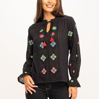 RUSTIC COTTON BLOUSE WITH LACE DECORATED WITH MANUAL EMBROIDERY 100% COTTON IC1040B_BLACK