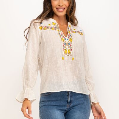 RUSTIC COTTON BLOUSE WITH MAO NECK AND DECORATED WITH EMBROIDERY 100% COTTON IC1041B_CRUDO