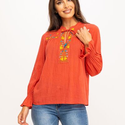 RUSTIC COTTON BLOUSE WITH MAO NECK AND DECORATED WITH EMBROIDERY 100% COTTON IC1041B_TEJA