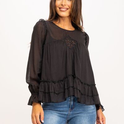 EMBROIDERED COTTON BLOUSE WITH RUFFLES AND ROMANTIC AIR 100% COTTON IC1042B_BLACK