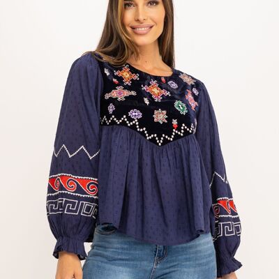 COTTON AND VELVET BLOUSE WITH EMBROIDERY ON THE CHEST AND SLEEVE, VERY HANDMADE 80% COTTON 20% NYLON IC1147B_MARINO