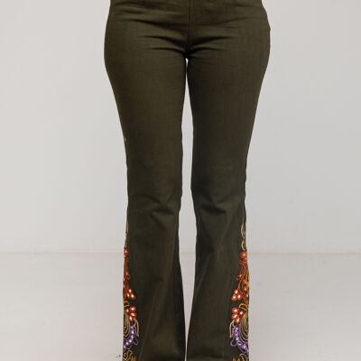 FLARED PANTS WITH MANUAL EMBROIDERY ON THE SIDES 95% COTTON 5% EXPANDEX PR1155P_KAKI