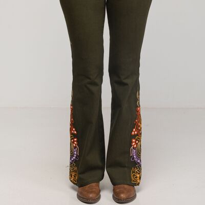 FLARED PANTS WITH MANUAL EMBROIDERY ON THE SIDES 95% COTTON 5% EXPANDEX PR1155P_KAKI