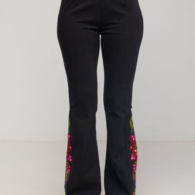 FLARED PANTS WITH MANUAL EMBROIDERY ON THE SIDES 95% COTTON 5% EXPANDEX PR1155P_BLACK