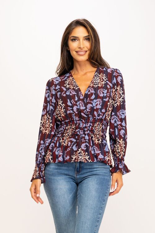 BLUSA ESTAMPADA LUREX CUELLO CRUZADO Y ELASTICO EN CINTURA 95%VISCOSA 5%LUREX PR1161B_NOCHE