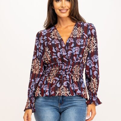 BLUSA ESTAMPADA LUREX CUELLO CRUZADO Y ELASTICO EN CINTURA 95%VISCOSA 5%LUREX PR1161B_NOCHE