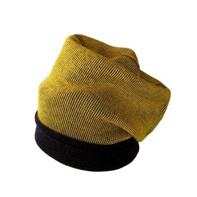 Cappello Beanie reversibile blu-marrone/giallo