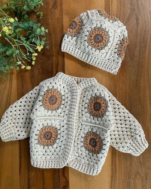 Organic Cotton  Hand Crafted Vintage Baby Cardigan and Hat