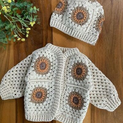 Organic Cotton  Hand Crafted Vintage Baby Cardigan and Hat