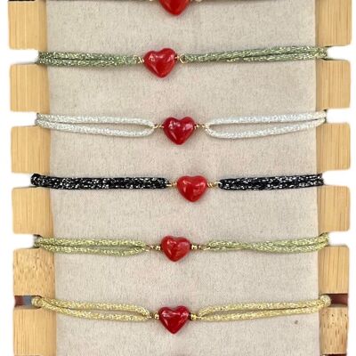lurex thread and coral heart bracelet