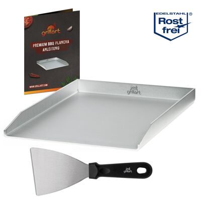 Premium plancha grill plate made of high-quality stainless steel including grill spatula - for grilling or teppanyaki