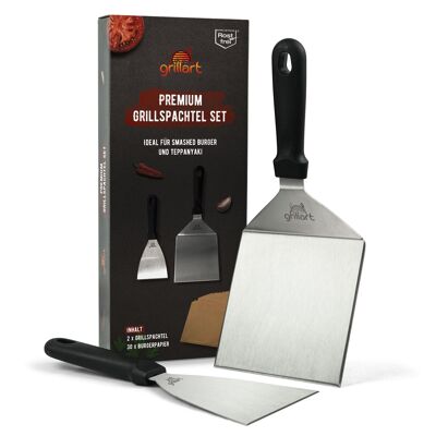 Premium Grillspachtel Set aus hochwertigem Edelstahl für Smashed Burger inkl. 30 Stk Burgerpapier – Grillspachtel für Plancha & Teppanyaki – Grillwender aus Edelstahl – ideale Grillzubehör