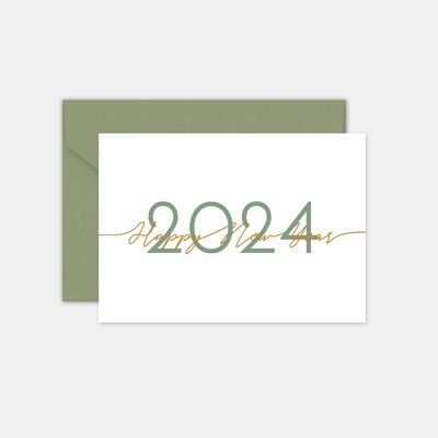 Feliz año nuevo tarjeta de caligrafía verde oliva