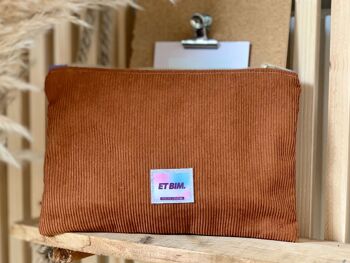 Pochette trousse plate en velours côtelé camel fait main 3